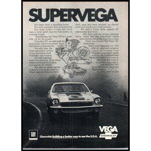 1973 Chevy Vega GT Supervega Vintage Print Ad Curvy Foggy Road 70s Wall Art
